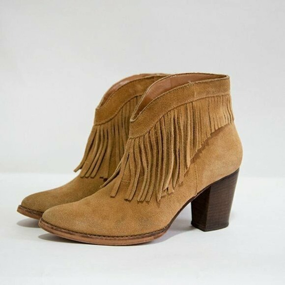 MNG Mango Womens Size 38 Boho Style Fringe Suede Slip-On Ankle Booties Tan Brown - Picture 1 of 11